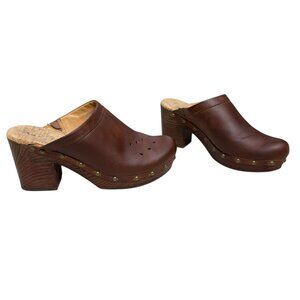 Korks Brandi Chunky Brown Leather Platform Studded Clogs Mules Women's sz 8 Boho
